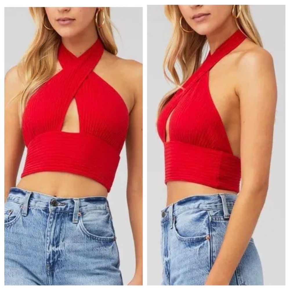 Callahan Knitwear Red Ribbed Halter Plunging Neckline Crop Top Small 52120